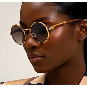 Round Sunglasses Gold Frame Wood Women Fashion Classic‎ 80's 90's Retro Lentes